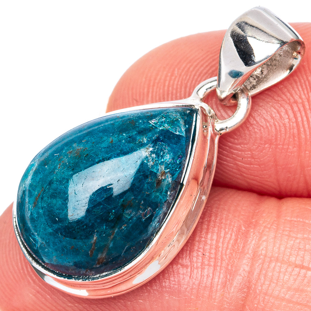 Blue teardrop apatite pendant, 925 sterling silver frame and top bail detail.