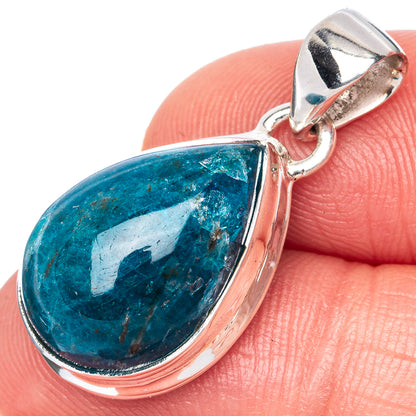 Blue teardrop apatite pendant, 925 sterling silver frame and top bail detail.