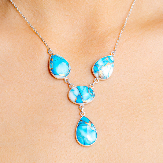 Turquoise blue teardrop stone necklace with 925 silver chain and 4 pendants