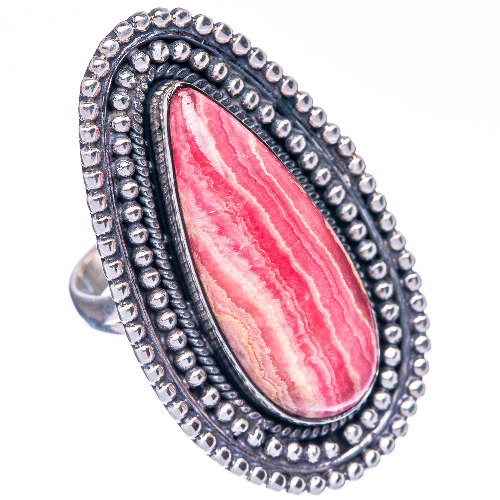 Teardrop rhodochrosite gemstone ring in 925 silver with double bead and black edge.