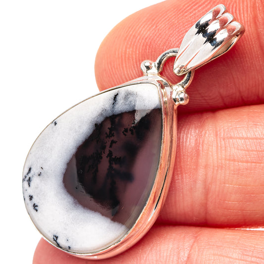 Dendrite agate pendant in teardrop sterling silver bezel, dendritic black pattern