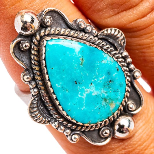 Sterling silver turquoise teardrop cabochon ring with ornate bead edge setting