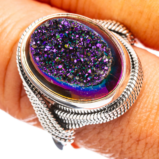 Sterling silver druzy ring with oval purple iridescent glitter stone, textured band