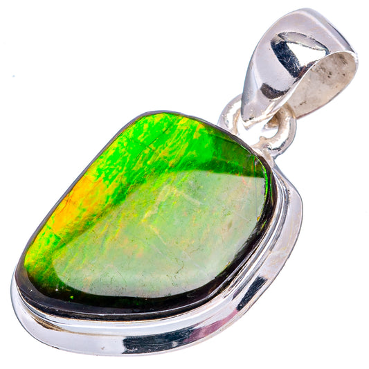 Sterling silver ammolite pendant with teardrop bezel, bright green iridescent center