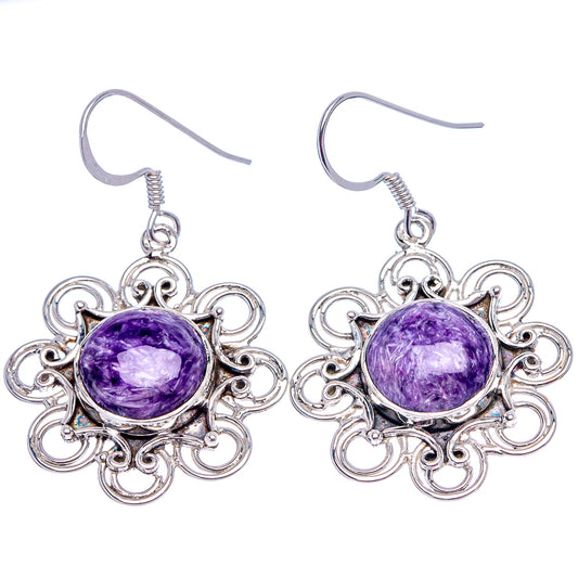 Round purple charoite filigree earrings with silver hook backs, dangle style