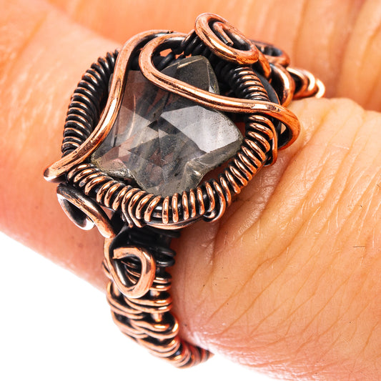 Oxidized copper wire-wrap ring with square white quartz and coiled edges