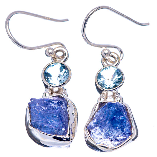 Sterling silver drop earrings with round blue topaz and rough blue-purple gemstone drops