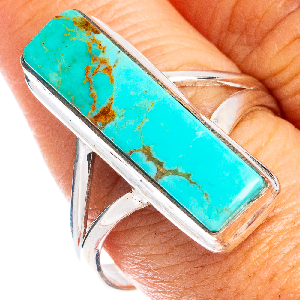 Silver ring with rectangular turquoise gemstone in a bezel setting