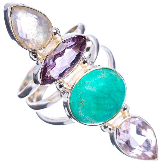 Sterling silver four-stone ring with turquoise round, amethyst purple and clear-pink oval gems