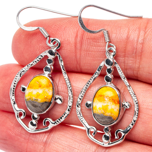 Teardrop jasper drop earrings in sterling silver, yellow-orange oval stone with bezels