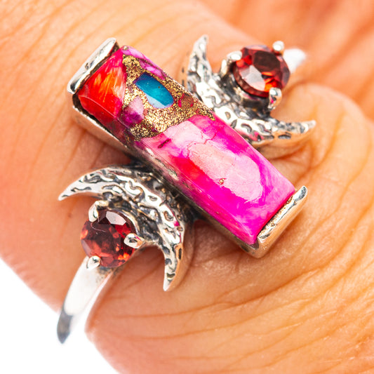 Sterling silver ring with magenta rectangular stone, turquoise/orange inlay, red round gem
