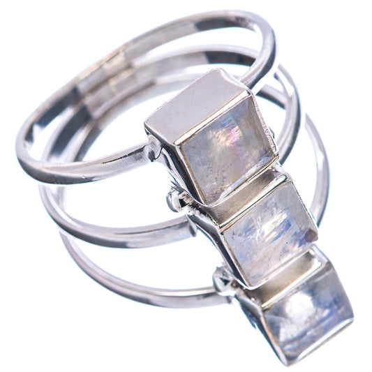 Rainbow moonstone ring side view, .925 sterling silver band with three square stones