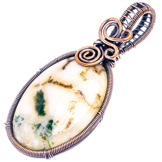 Teardrop moss agate pendant with oxidized copper wire spirals and loop bail