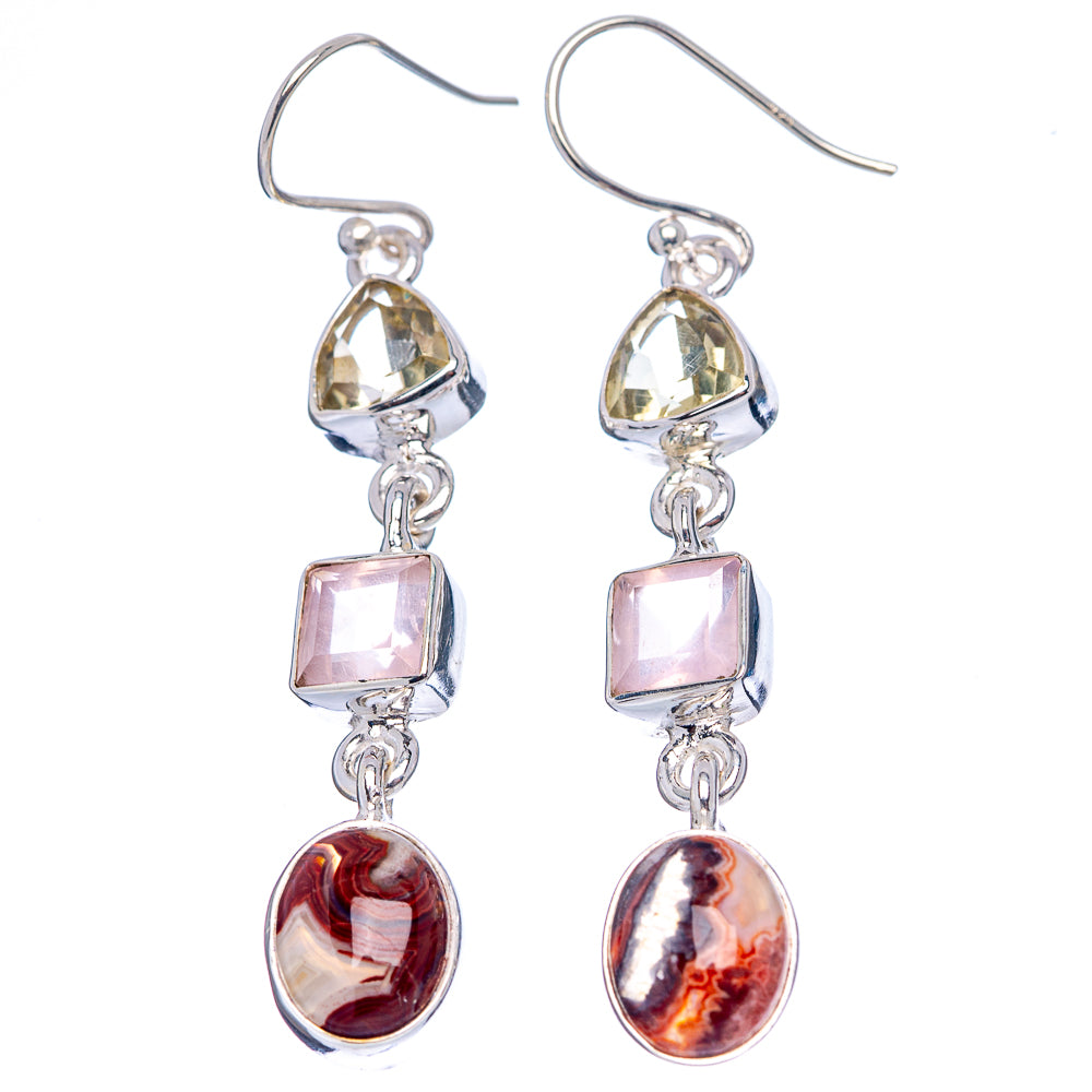 Premium Crazy Lace Agate, Rose Quartz, Lemon Quartz Earrings 2 1/8" (.925 Sterling Silver)