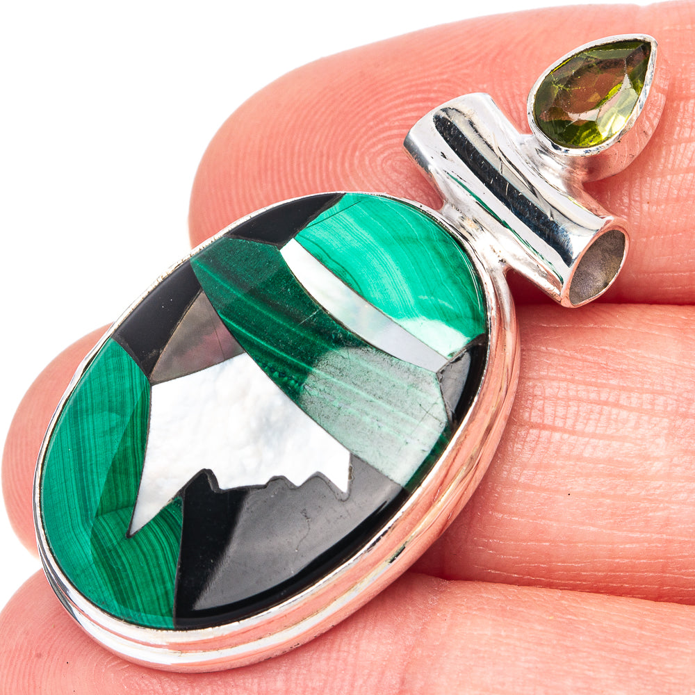 Malachite And Mother Of Pearl Inlay, Peridot Pendant 1 5/8" (925 Sterling Silver) P41321