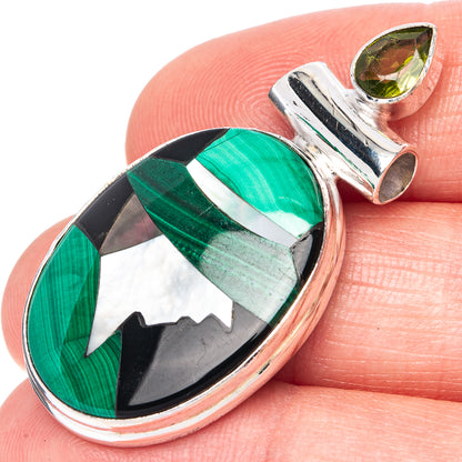 Malachite And Mother Of Pearl Inlay, Peridot Pendant 1 5/8" (925 Sterling Silver) P41321
