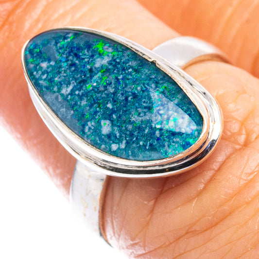 Oval blue-green opal triplet set in .925 sterling silver ring, size 6.25