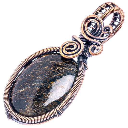 Oxidized copper wire-wrapped teardrop pendant featuring pietersite stone and spiral frame