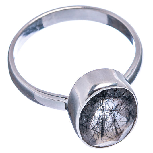 Sterling silver oval tourmalinated quartz ring with dark needle inclusions