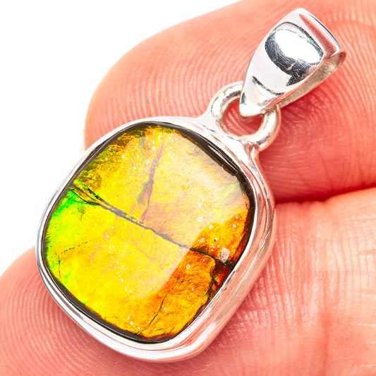 Sterling silver ammolite pendant, oval cabochon with yellow-orange and green flashes
