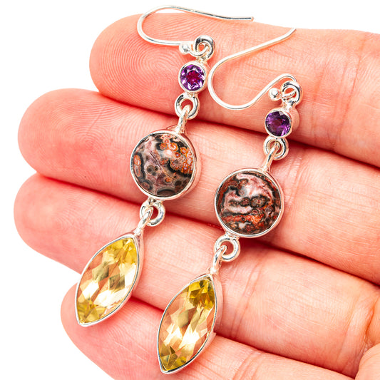 Sterling silver dangle earrings with leopard jasper round stones, purple accents, yellow drops