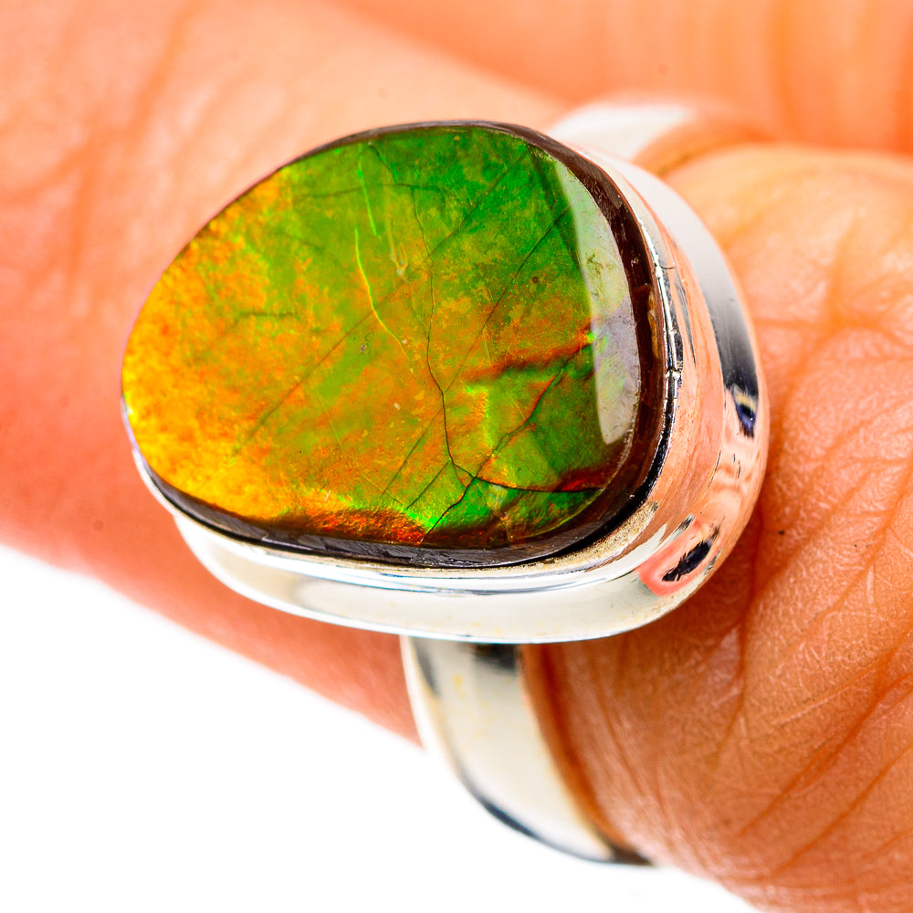 925 sterling silver oval ammolite ring, green with orange highlights