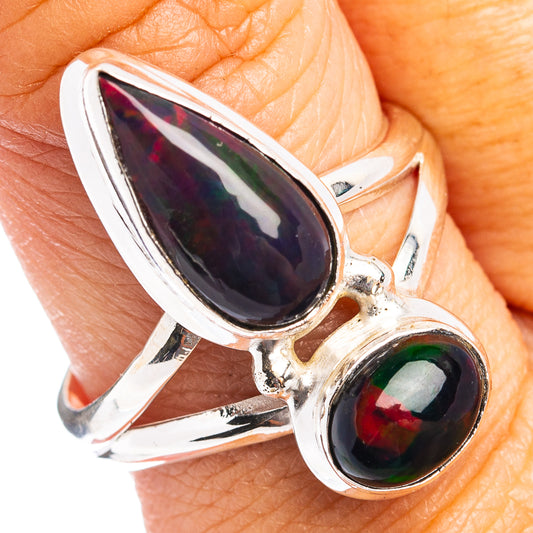 Black opal double-stone ring with oval cabochons in .925 sterling silver, size 10