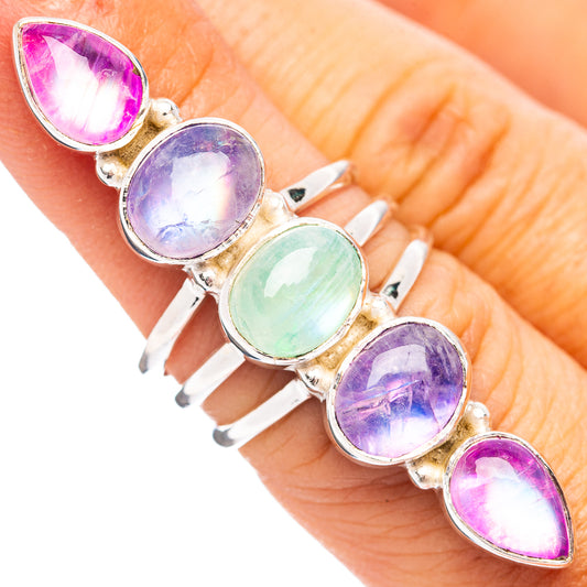 Multicolor moonstone ring in sterling silver, oval bezel stones in purple, green, pink