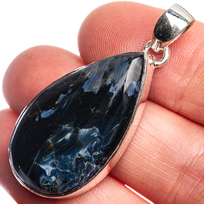 Sterling silver pietersite teardrop pendant with blue-black stone, loop bail top