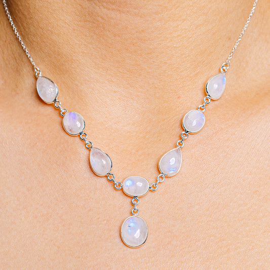 Sterling silver necklace with oval moonstone teardrop pendants and small link chain