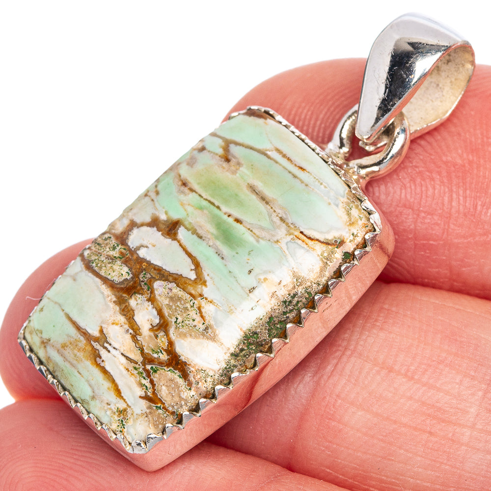Variscite pendant, rectangular stone with mottled green and white, 925 sterling silver bail