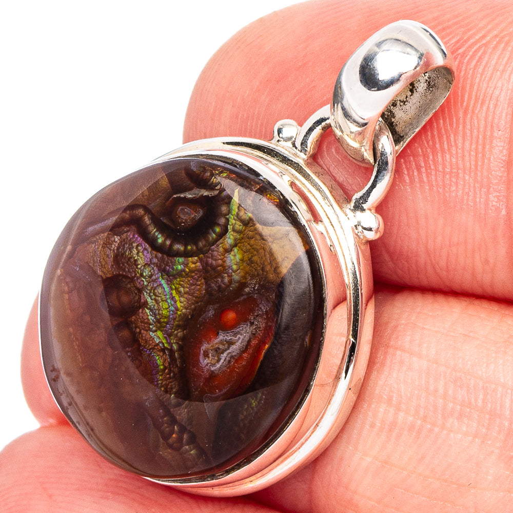 Sterling silver fire agate pendant, round dark cabochon with green and red flashes