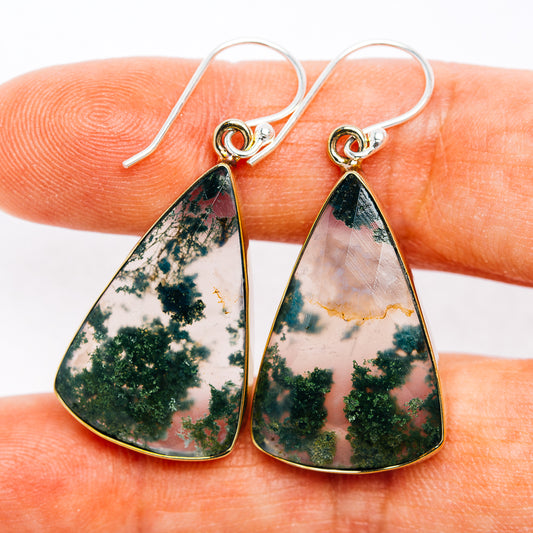 Green Moss Agate Earrings 1 3/4" (German Silver)