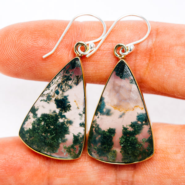 Green moss agate triangle drop earrings, green dendritic stone in gold-tone settings