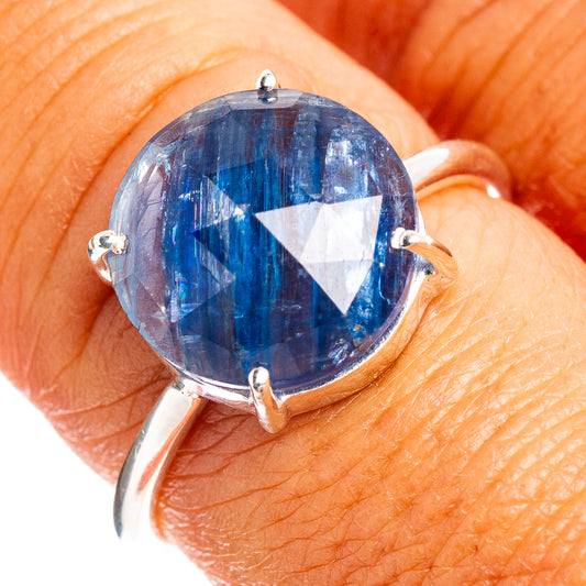 Oval faceted kyanite ring with dark blue stone in .925 sterling silver, size 8
