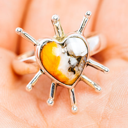 Southwestern Style Spiny Oyster Turquoise Heart Ring Size 7 Adjustable (.925 Sterling Silver)