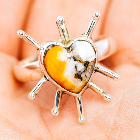 Southwestern Style Spiny Oyster Turquoise Heart Ring Size 7 Adjustable (.925 Sterling Silver)