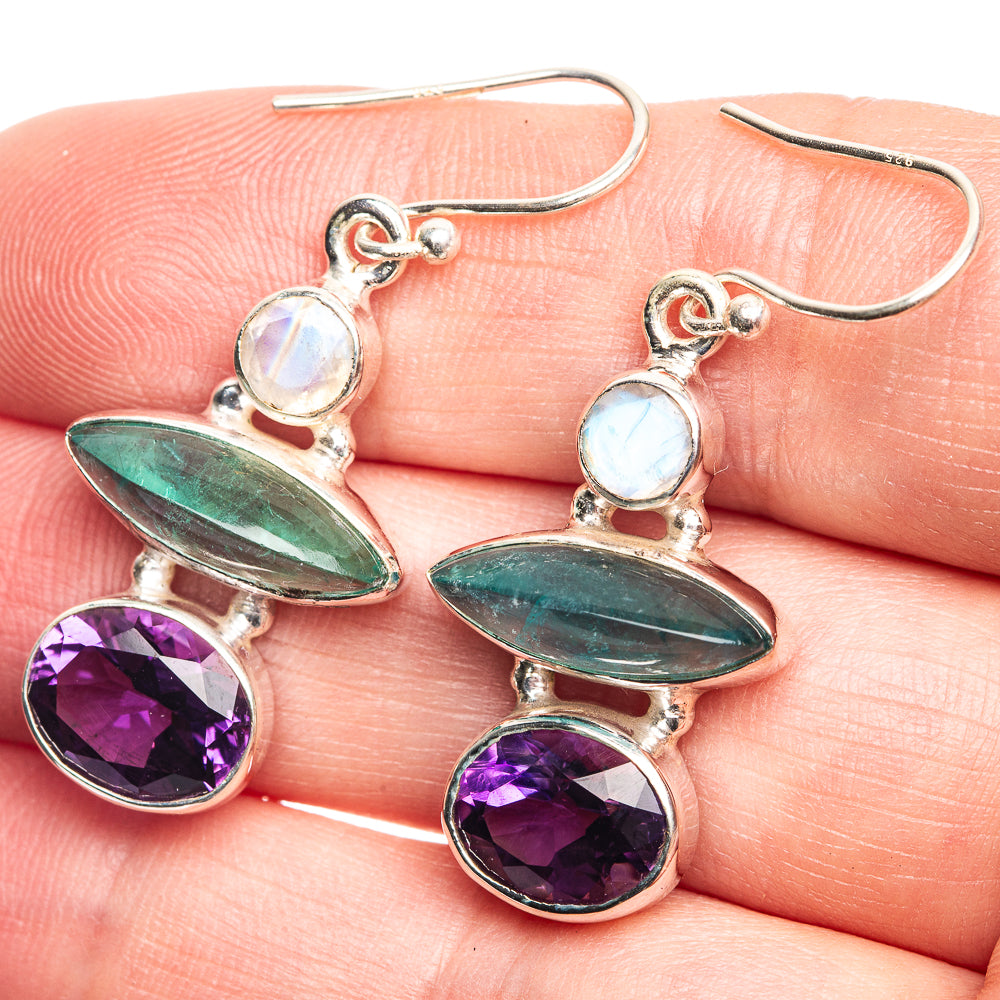 Aquamarine, Amethyst, Rainbow Moonstone Earrings 1 5/8" (925 Sterling Silver) E432632