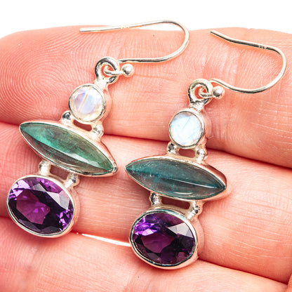 Aquamarine, Amethyst, Rainbow Moonstone Earrings 1 5/8" (925 Sterling Silver) E432632