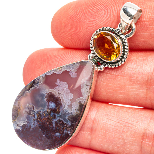 Sterling silver pendant with round citrine and teardrop plume agate