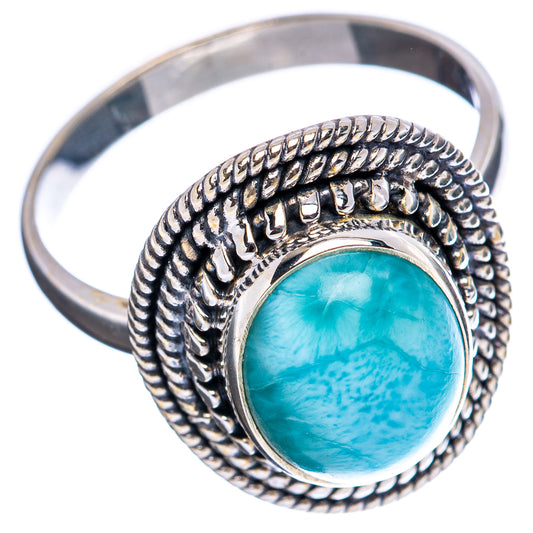 Larimar oval cabochon sterling silver ring with braided rope setting, size 10
