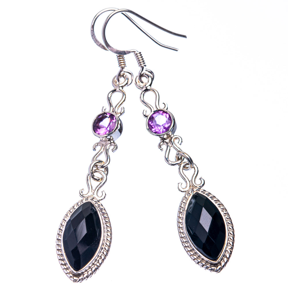 Premium Black Onyx, Amethyst Earrings 2 1/4" (925 Sterling Silver) E432366