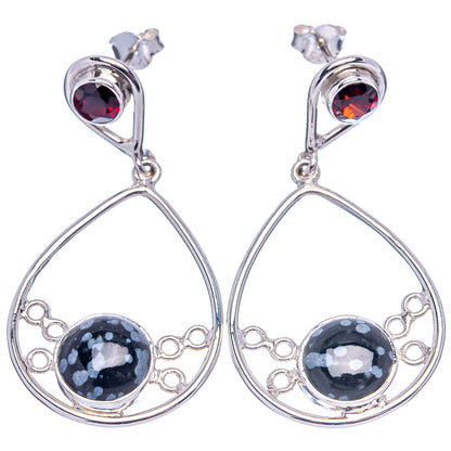 Premium Snowflake Obsidian, Garnet Earrings 1 3/4" (.925 Sterling Silver)