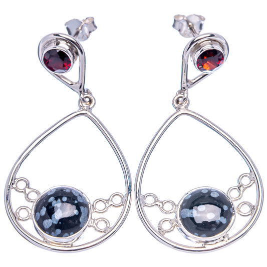 Sterling silver teardrop drop earrings, red garnet accents and dark obsidian center