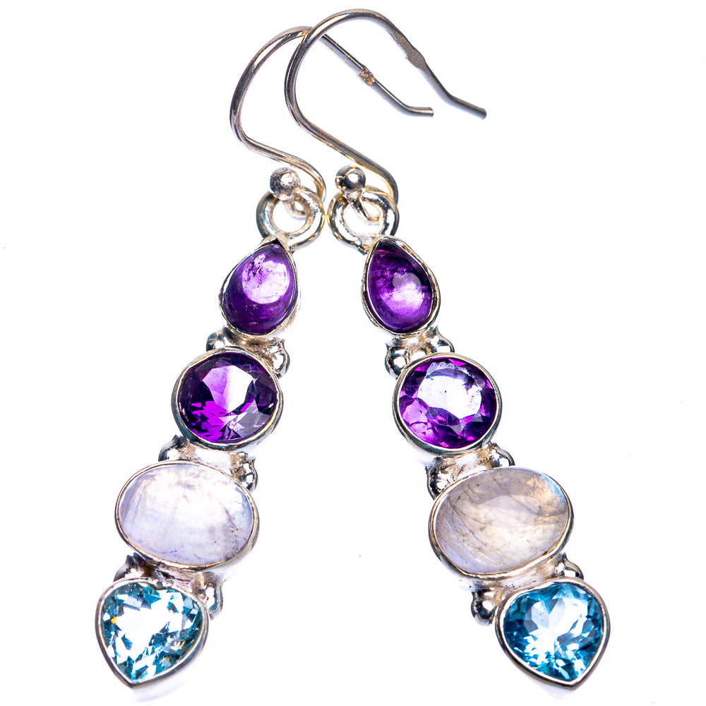 Rainbow Moonstone, Blue Topaz, Amethyst Earrings 1 7/8" (925 Sterling Silver) E432765