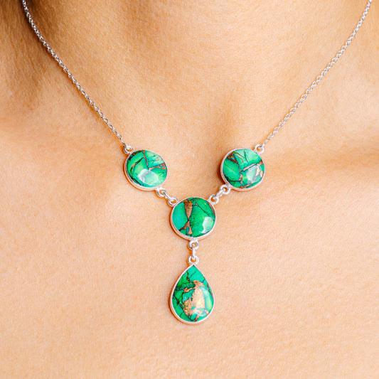 Green turquoise pendant necklace with five teardrop cabochons on .925 sterling silver chain