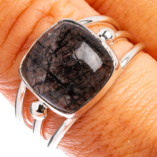Oval black tourmalinated quartz ring in .925 sterling silver, size 8.75, close-up