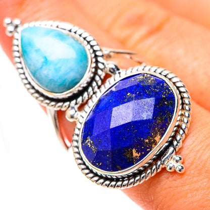 Oval lapis lazuli and larimar sterling silver ring, braided bezel, size 8.25