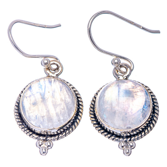 Silver round moonstone drop earrings, blue-lavender iridescent cabochon in beaded frame