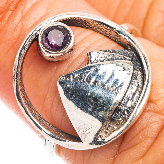 Sterling silver amethyst dainty ring with purple gemstone in scalloped setting